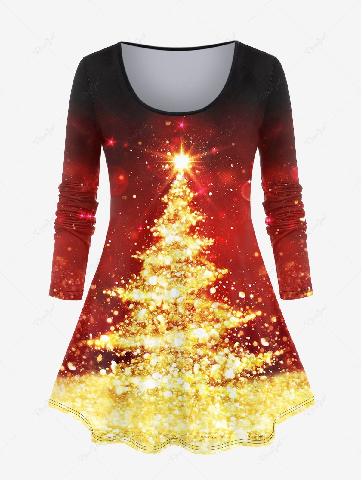 T-shirt Ombre à Imprimé Sapin de Noël 3D Brillant Grande Taille avec Manches Longues Rouge 5x | US 30-32