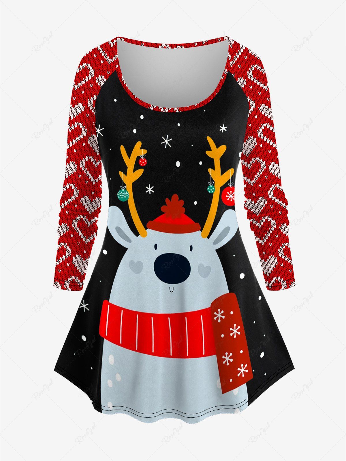 T-shirt à Motif Cerf de Noël Coeur à Manches Raglan Grande Taille Noir 5x | US 30-32