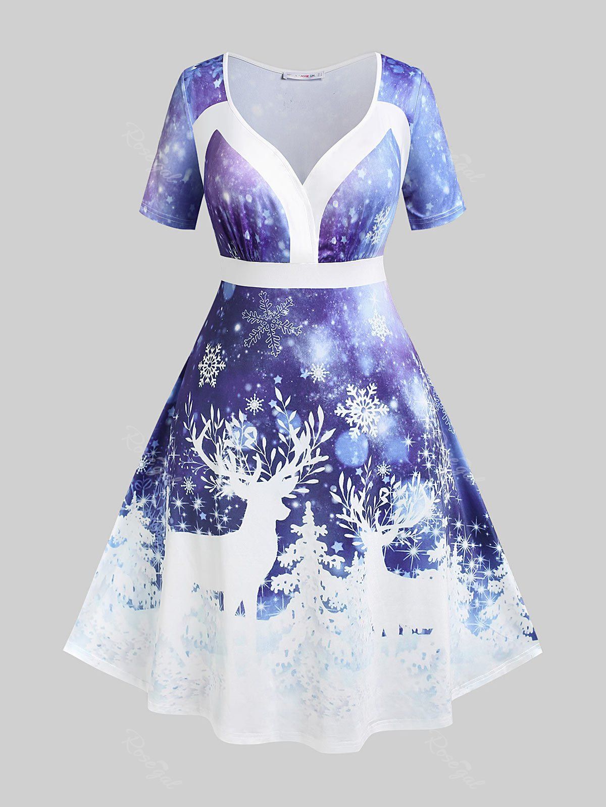Store Plus Size Christmas Elk Snowflake Print Dress  