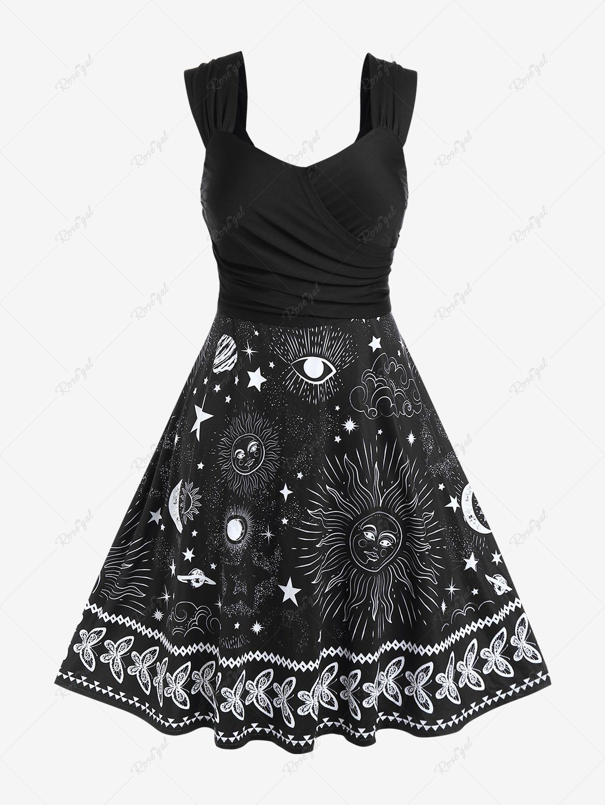 Plus Size Sun Moon Star Print Crossover Flare Dress Noir 1X | US 14-16
