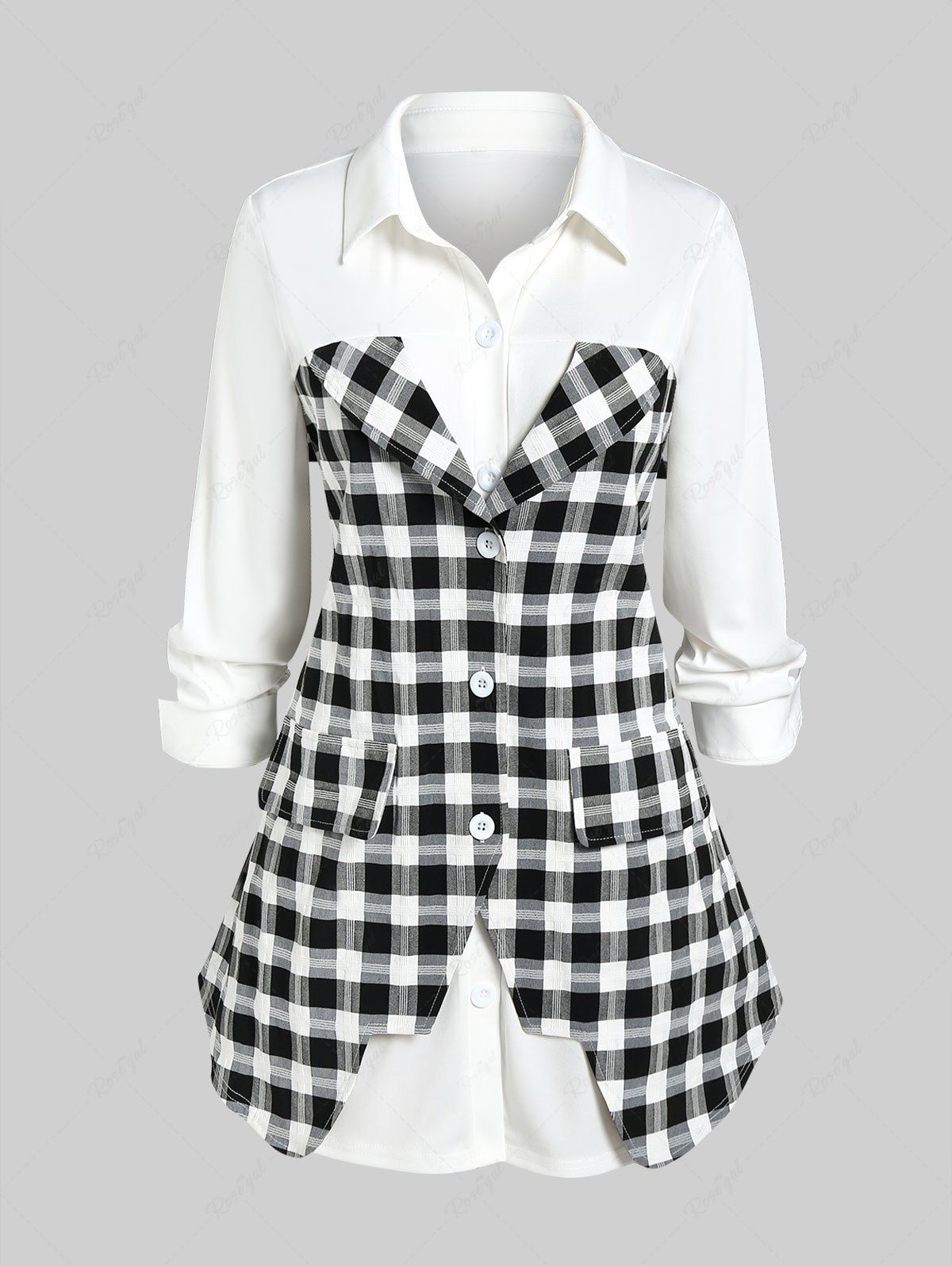 Sale Plus Size Flap Pocket Plaid Long Sleeves 2 in 1 Shirt  