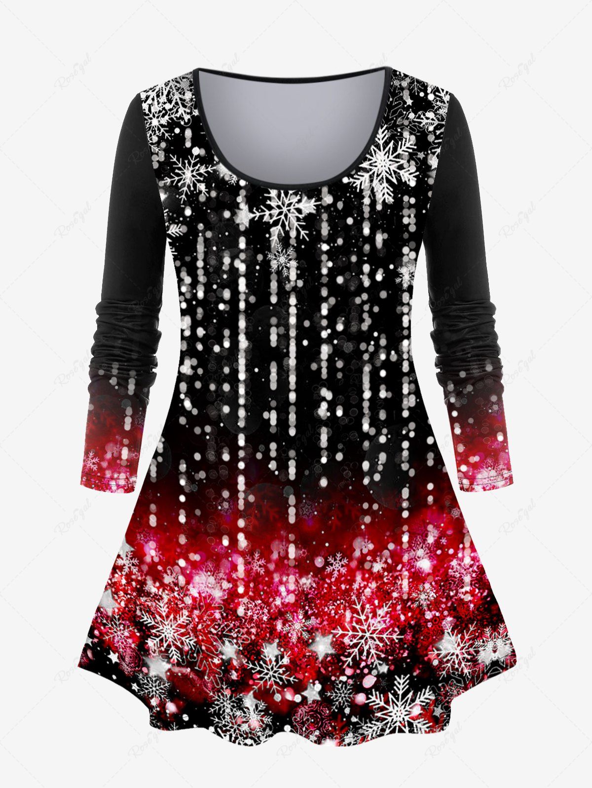Affordable Plus Size 3D Sparkles Snowflake Lighting Printed Christmas T-shirt  