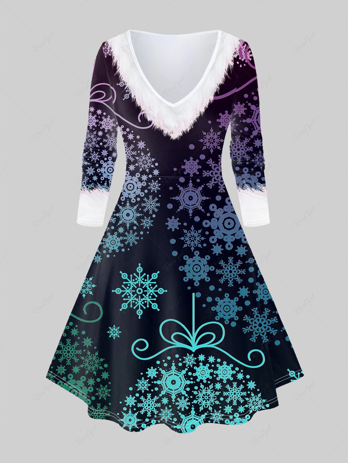 Discount Plus Size Christmas 3D Print Snowflake Ombre Dress  