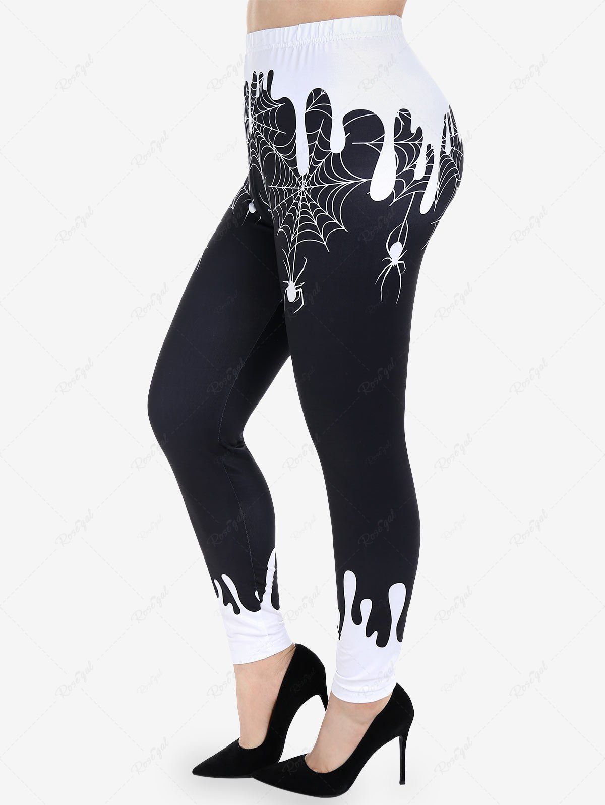 Online Halloween Paint Drop Blobs Spider Web Colorblock Printed Skinny Leggings  