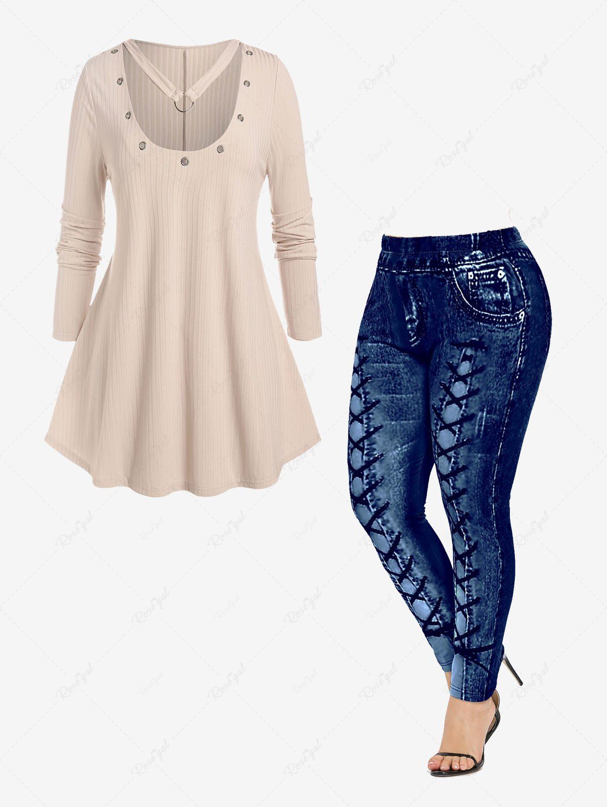 Outfit Plus Size Choker Neck Eyelets Ribbed Tee and 3D Print Jeggings Outfits  