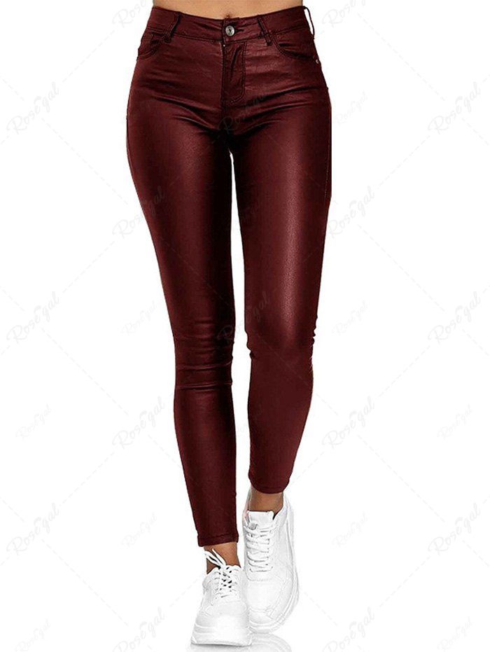 Shops Zipper Fly Pockets Solid Color Long Skinny PU Pants  