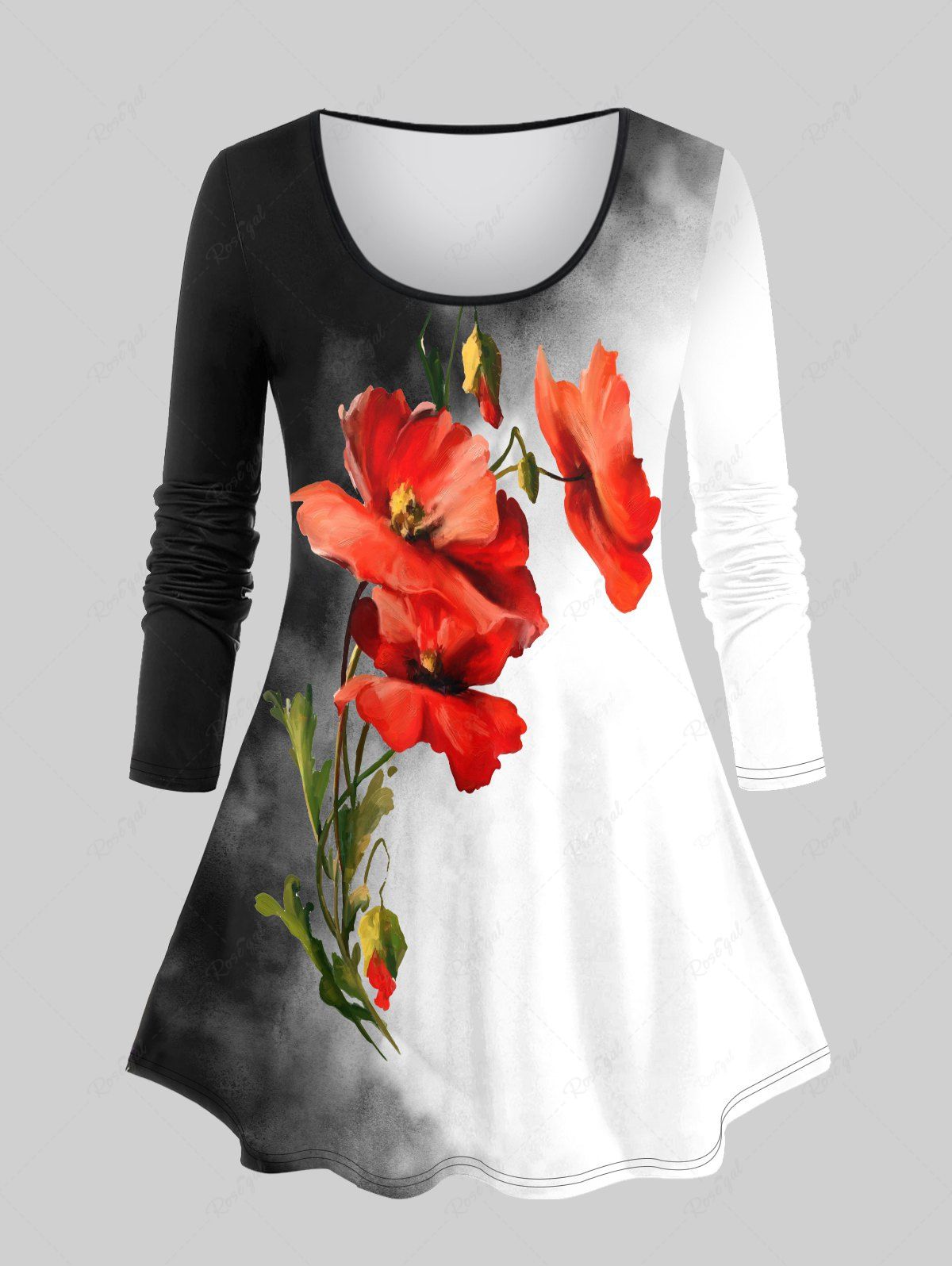 Cheap Plus Size Colorblock Flower Print T-shirt  