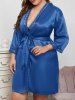 Robe Pyjama Enveloppante en Satin à Épaules Tombantes Grande Taille - Bleu profond 5XL