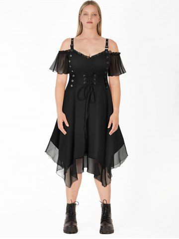 Gothic Grommet Lace Up Cold Shoulder Handkerchief Mini Dress - BLACK - 2X | US 18-20