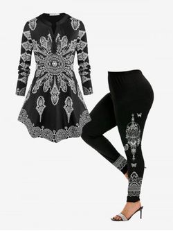 Plus Size Tribal Print Blouse and High Rise Skinny Leggings Fall Outfit - BLACK