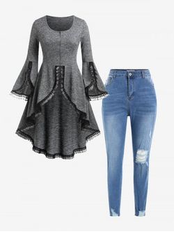 Plus Size Bell Sleeve Lace Edge High Low Top and Ripped Pencil Jeans Outfit - GRAY