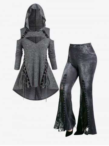 Gothic Cutout Lace-up Buckles Cold Shoulder Asymmetric Tee and 3D Denim Lace Panel Bell Bottom Pants Outfit - GRAY