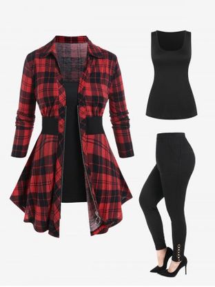 Plaid Zipper Fly Shirt and Tank Top Set and Hollow Out High Rise Leggings with Pockets Plus Size Outfit