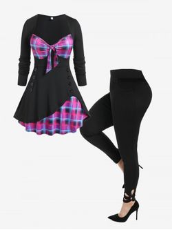 Bowknot Plaid T-shirt and O Ring Cutout Pockets Pants Plus Size Outfit - BLACK