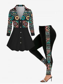 Ethnic Printed V Neck Button Up Shirt and Skinny Leggings Plus Size Outfit - BLACK