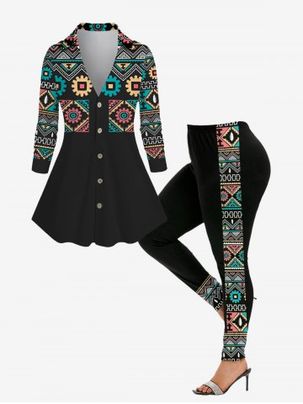 Ethnic Printed V Neck Button Up Shirt and Skinny Leggings Plus Size Outfit