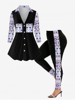 Geometric Printed Button Up Shirt and Skinny Leggings Plus Size Outfit - BLACK