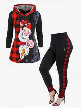 Christmas Plaid Santa Claus Snowflake Hoodie and Wide Waistband Plaid Zipper Pants Plus Size Outerwear Outfit