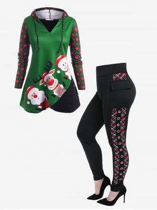 Christmas Snowman Plaid Panel Drawstring Hoodie and Flap Pockets Plaid Grommets Pants Plus Size Outerwear Outfit