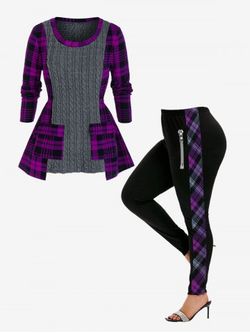 Plaid Cable Knit Mixed-media Sweater and High Waist 3D Zipper Print Plaid Leggings Plus Size Outerwear Outfit - PURPLE
