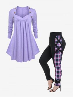 Plus Size Sweetheart Neck buttoned Tee and Plaid Grommet Knot Skinny Pants Outfits - LIGHT PURPLE