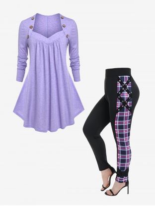 Plus Size Sweetheart Neck buttoned Tee and Plaid Grommet Knot Skinny Pants Outfits