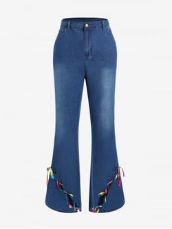 Plus Size Lace Up High Rise Flare Jeans - BLUE - 5XL