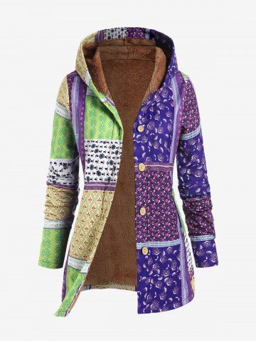 Plus Size Hooded Plush Lined Patchwork Print Coat