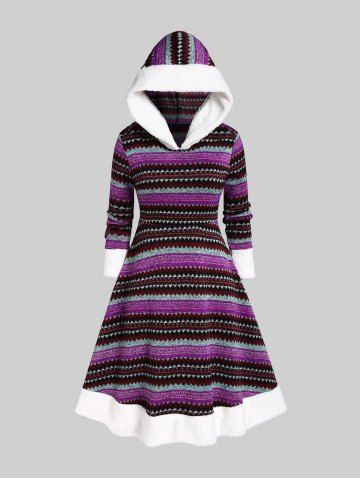Plus Size Hooded Contrast Fluffy Trim Colorful Geometric Pattern Knit Dress