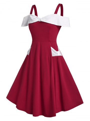 Plus Size Christmas Velvet Bowknot Cold Shoulder Dress - RED - 4X | US 26-28