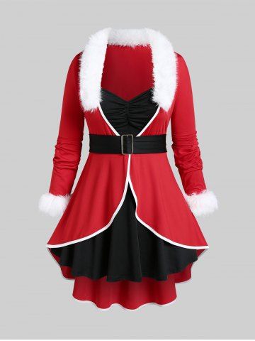Plus Size Christmas Santa Claus Colorblock Faux Fur Panel High Low Top - RED - M | US 10