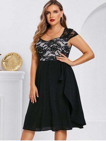 Plus Size Ruffle Lace Insert Midi Party Dress - BLACK - 3X | US 22-24