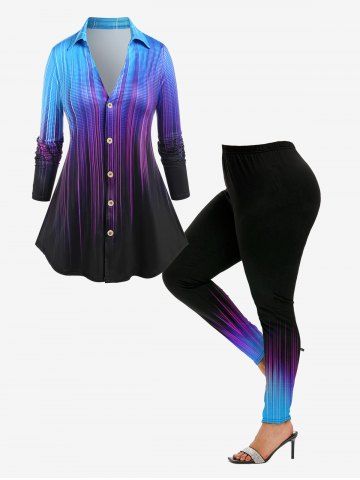 Ombre Color Light Beam Print Button Up Shirt and High Waist Leggings Plus Size Outfit - PURPLE