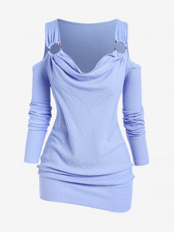 Plus Size Textured U-bar Cowl Neck Open Shoulder Blouson Top - LIGHT BLUE - M | US 10