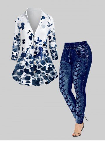Plus Size Ink Printing Button Up Shirt and 3D Denim Printed Leggings Outfit - BLUE