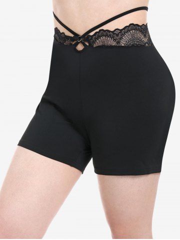 Plus Size & Curve Lace Panel Crisscross Biker Shorts - BLACK - L