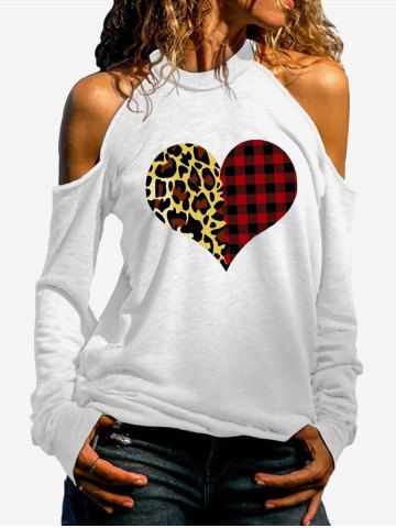 Plus Size Valentine Day Gingham Leopard Heart Graphic Open Shoulder Top - MULTI - L