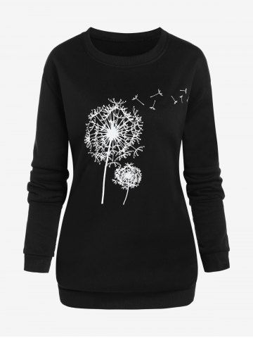 Plus Size Dandelion Print Fleece Lining Sweatshirt - BLACK - 2XL
