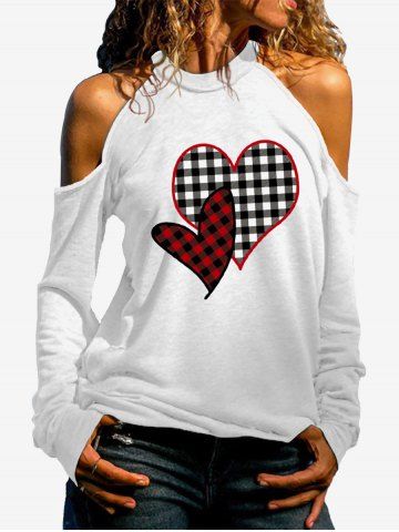 Plus Size Valentine Day Gingham Leopard Heart Graphic Open Shoulder Top - WHITE - M