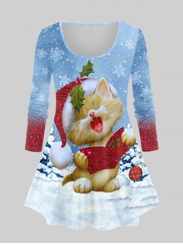 Plus Size Christmas Snowflake Cat Printed Ombre Long Sleeves Tee