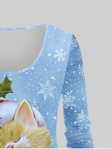 Plus Size Christmas Snowflake Cat Printed Ombre Long Sleeves Tee