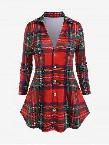 Plus Size Long Sleeve Plaid Button Up Shirt - DEEP RED - 5X | US 30-32