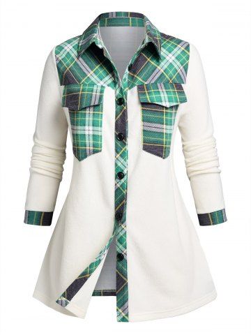Plus Size Flap Pockets Plaid Panel Fleece Shirt - DEEP GREEN - M | US 10