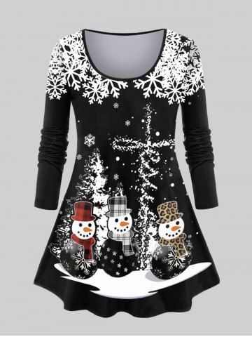 Plus Size Christmas Snowman Snowflake Print T-shirt - BLACK - 5X | US 30-32