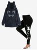 Cat Graphic Fluffy Hoodie and High Waist Cat Paw Print Leggings Plus Size Outerwear Outfit -  