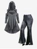 Gothic Cutout Lace-up Buckles Cold Shoulder Asymmetric Tee and 3D Denim Lace Panel Bell Bottom Pants Outfit -  