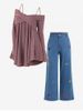 Plus Size Crossover Cold Shoulder T-shirt and Butterfly Wide Leg Jeans Outfit -  