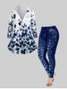 Plus Size Ink Printing Button Up Shirt and 3D Denim Printed Leggings Outfit -  