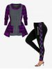 Plaid Cable Knit Mixed-media Sweater and High Waist 3D Zipper Print Plaid Leggings Plus Size Outerwear Outfit -  