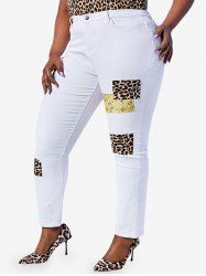 Plus Size Leopard Paisley Patchwork Skinny Pencil Jeans -  